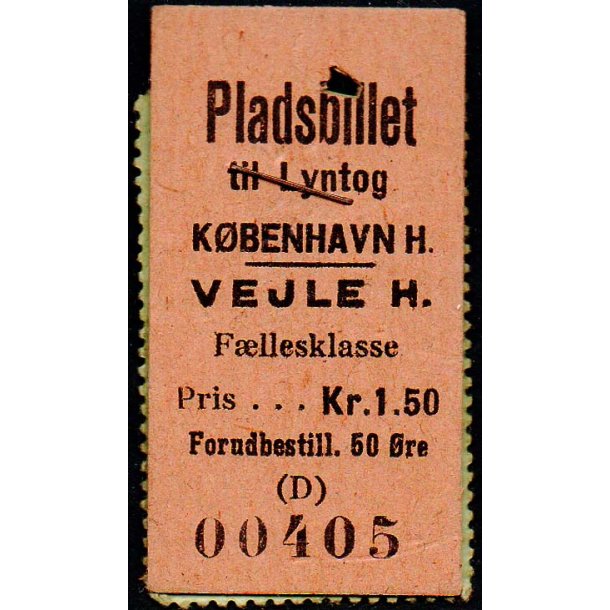 Pladsbillet til Lyntog - K&oslash;benhavn H.- Vejle H. kr. 1,50