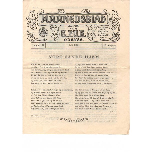 M&aring;nedsblad for K.F.U.M. Odense - Juli 1930